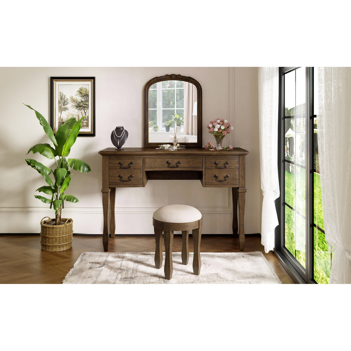 Roomfitters 46-Inch Vintage Makeup Vanity Table with Curved Flower Frame Mirror and Upholstered Leather Stool Espresso Roomfitters