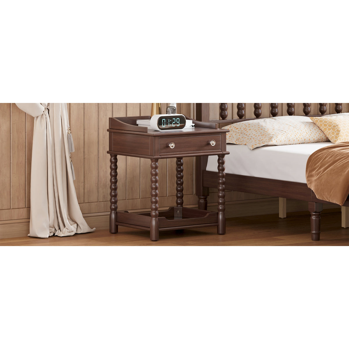 variant-group:rf-n733p206240d|Roomfitters Retro Style Bedside Table with Storage and Open Shelf, Turned Legs, and Metal Handle, Walnut