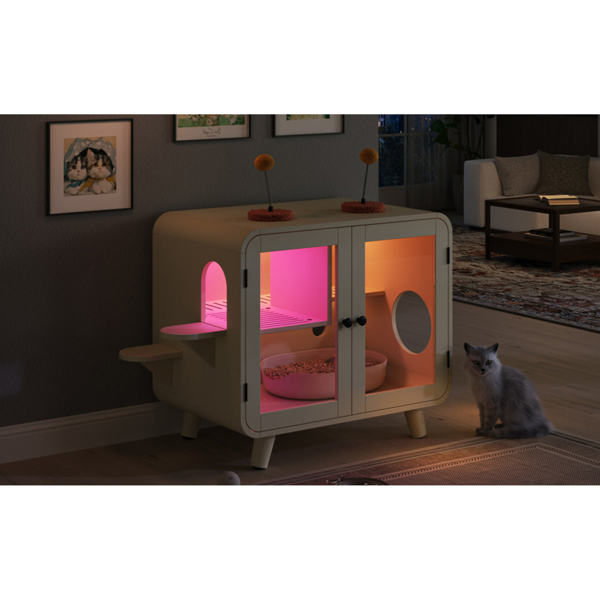 variant-group:rf-n704p419240a|Roomfitters Retro TV-Style Hidden Cat Litter Box Enclosure with App Controlled RGB LED Lights and Stairs Beige
