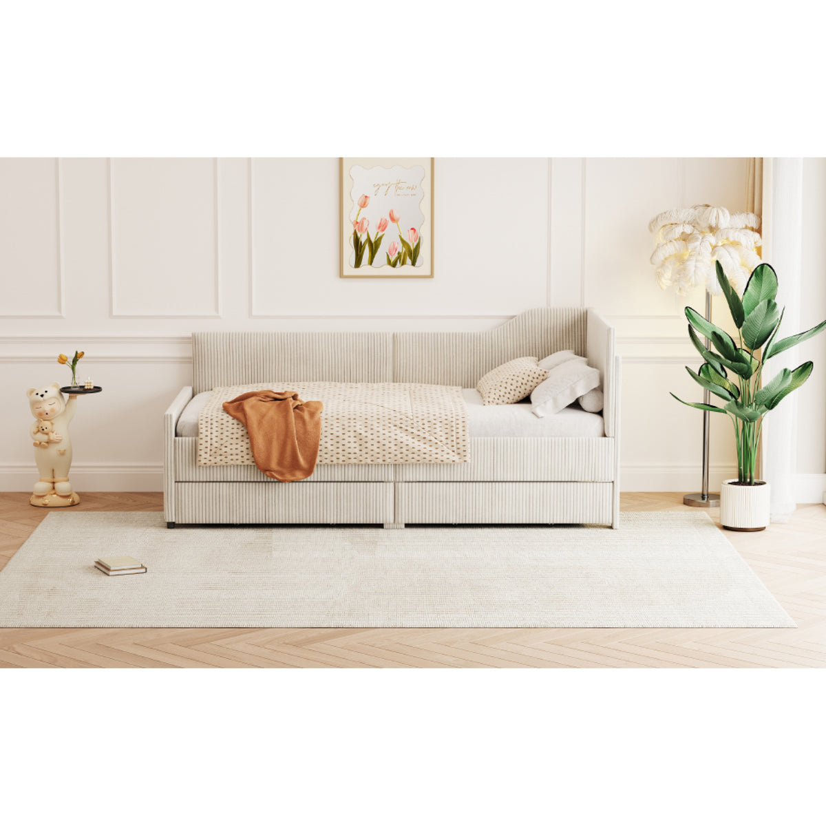 variant-group:rf-n733p171470a|Roomfitters Twin Size L-Shaped Corduroy Daybed, Upholstered Platform Bed Frame with 2 Convenient Storage Drawers for a Modern Touch, Beige