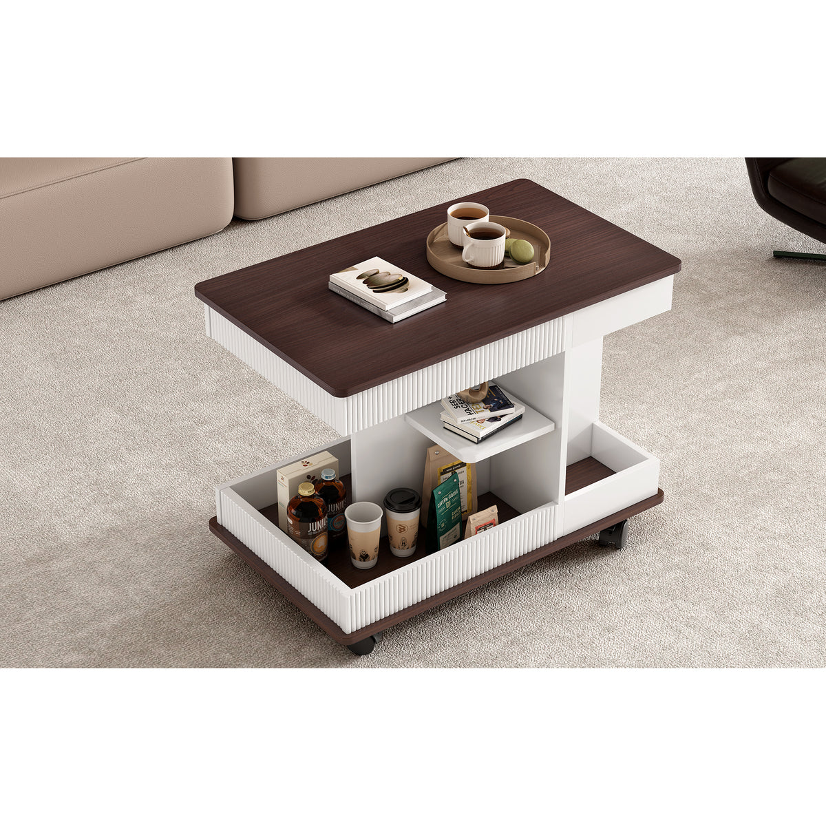 variant-group:rf-n724p292505k|Roomfitters Adjustable Sofa Side Table with Lift-Top, Rotating Surface and Storage on Wheels for Small Spaces, Brown