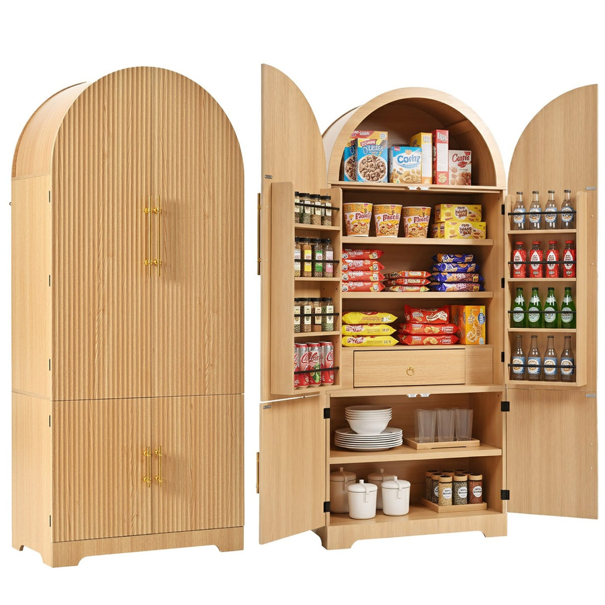 variant-group:rf-n707s000020y|Roomfitters 72" Tall Arched Kitchen Pantry Cabinet with Fluted Doors & Hidden Drawer, Natural