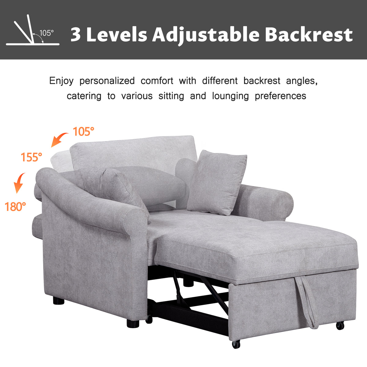 variant-group:rf-n701bs701p468429e|Roomfitters Chenille Convertible Sleeper Chair, 3 in 1 Single Sofa Bed Lounger, Adjustable Backrest Pull Out Bed, Gray