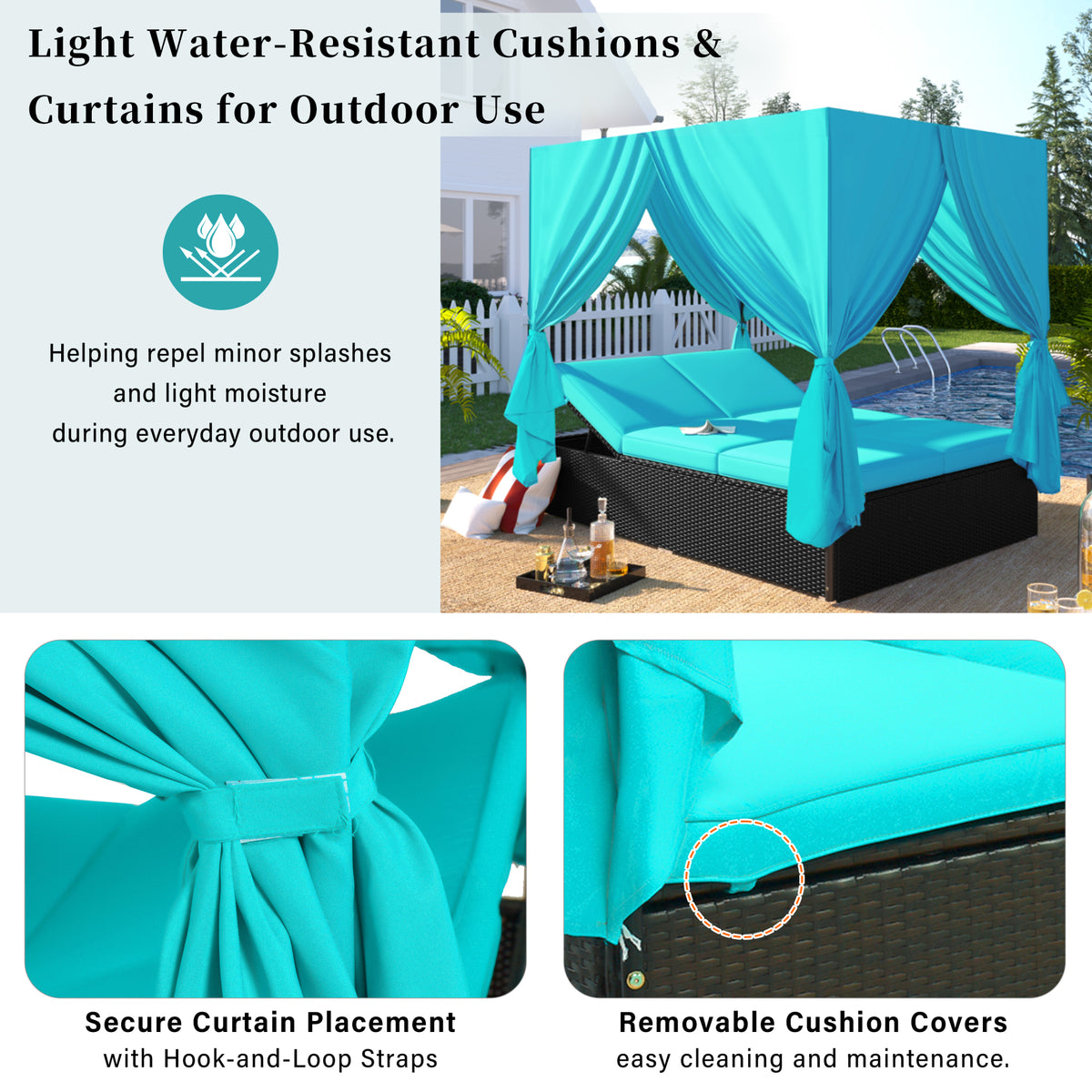 variant-group:rf-n711wy000476aac|Roomfitters Luxury Cabana Blue Outdoor Double Chaise Lounge Patio Daybed, Privacy Curtains, Adjustable Reclining