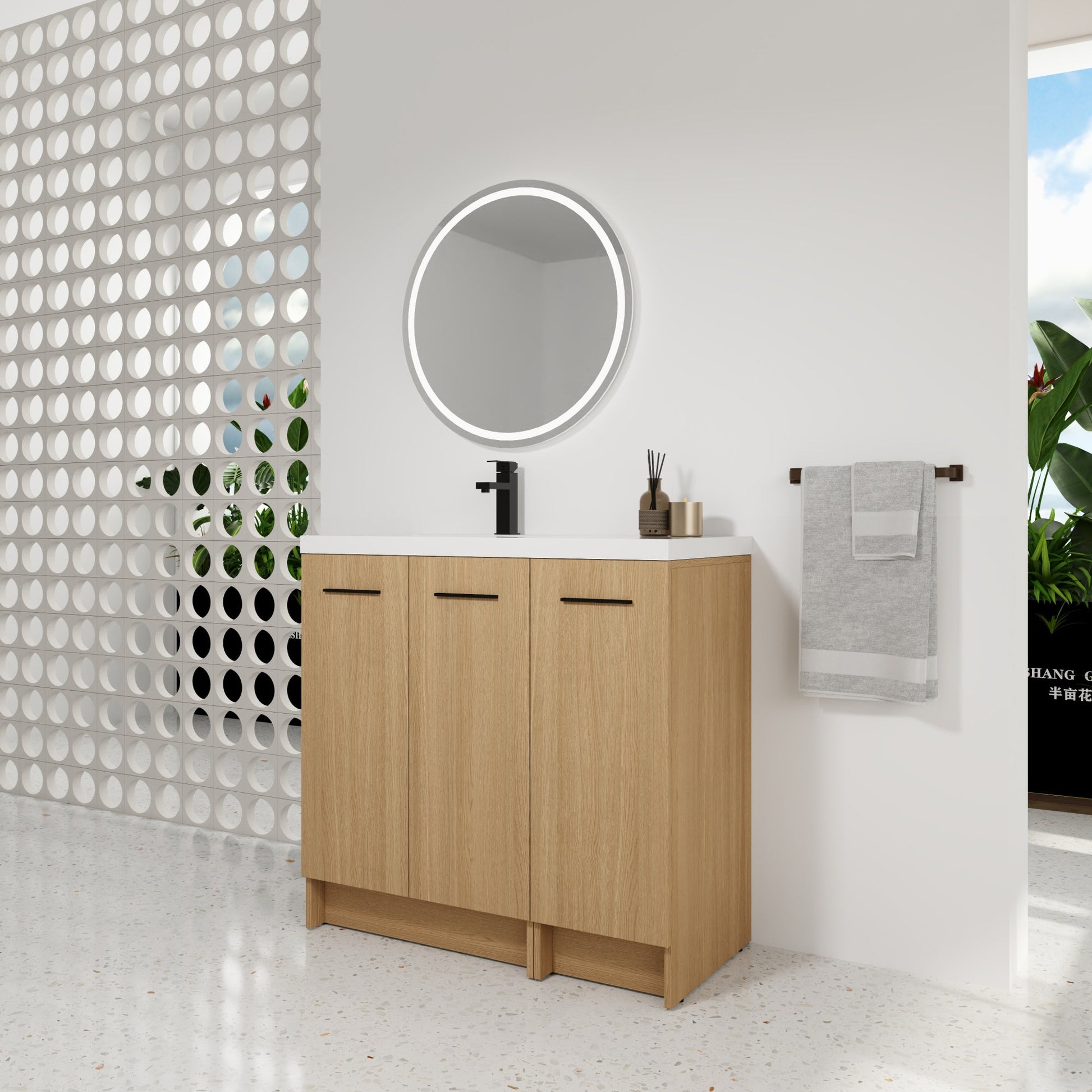 36" Modular Freestanding Bathroom Vanity with 36" Resin Sink Top, Light Oak, 2-Piece Cabinet (24" 2-Door + 12" 1-Door), KD Cabinet, Includes Black & Brushed Aluminum Handles Roomfitters