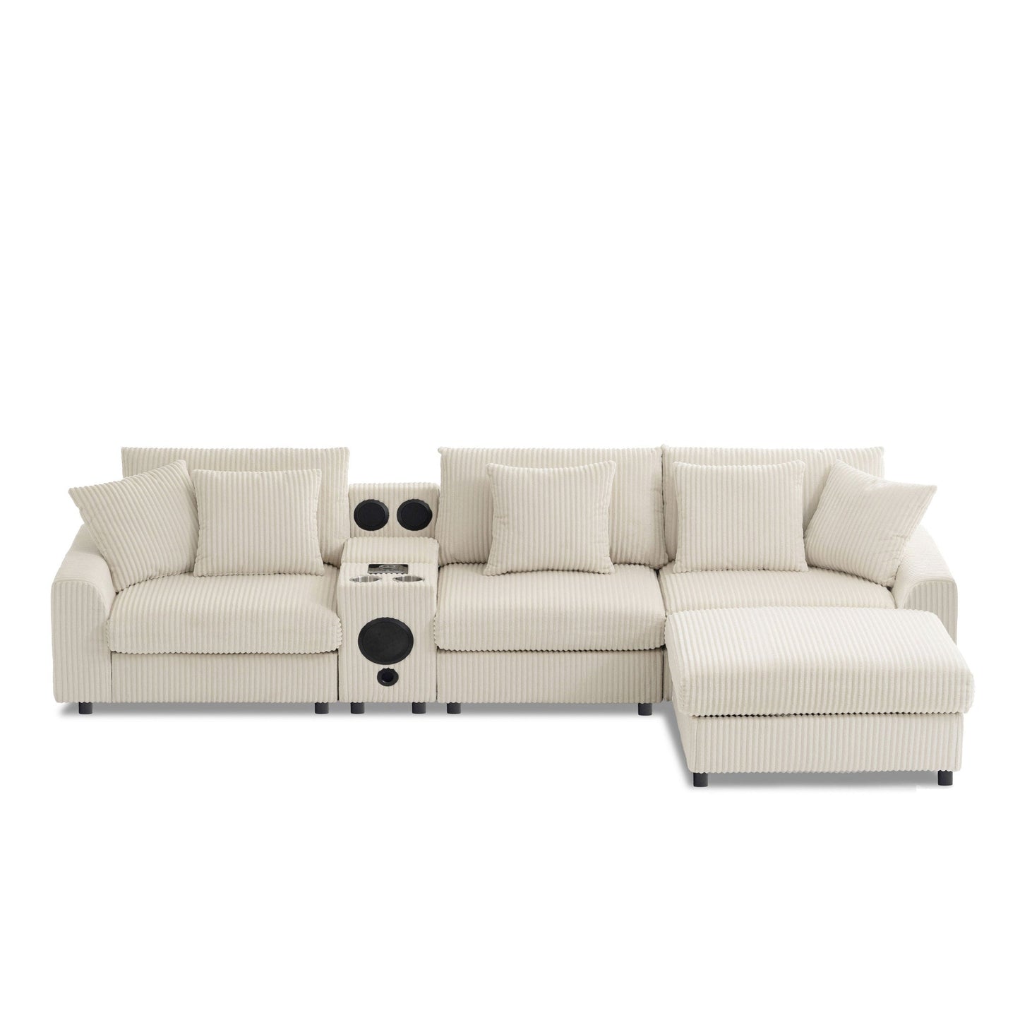 Roomfitters 112 Inch L-Shaped Modular Sectional Sofa with Bluetooth Speaker, Console and Cup Holders for Home, Cream Roomfitters