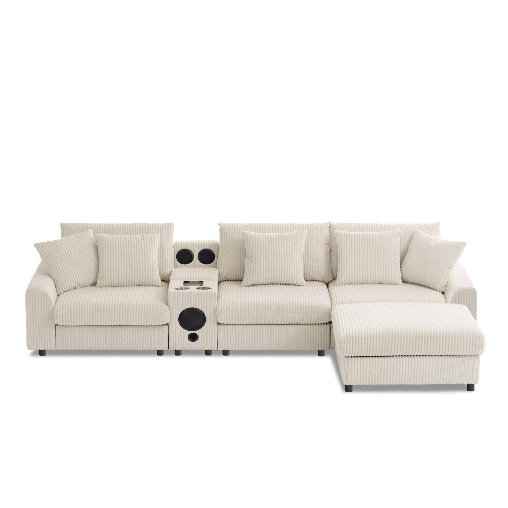 Roomfitters 112 Inch L-Shaped Modular Sectional Sofa with Bluetooth Speaker, Console and Cup Holders for Home, Cream Roomfitters