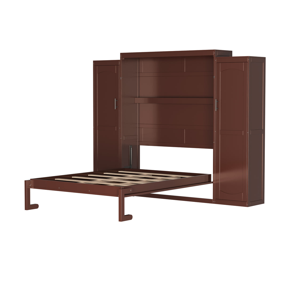 variant-group:rf-n733s235596d|Roomfitters Full Murphy Wall Bed with Two Wardrobes and Storage Shelf, Foldable Platform Bed Frame for Guest Room, Walnut