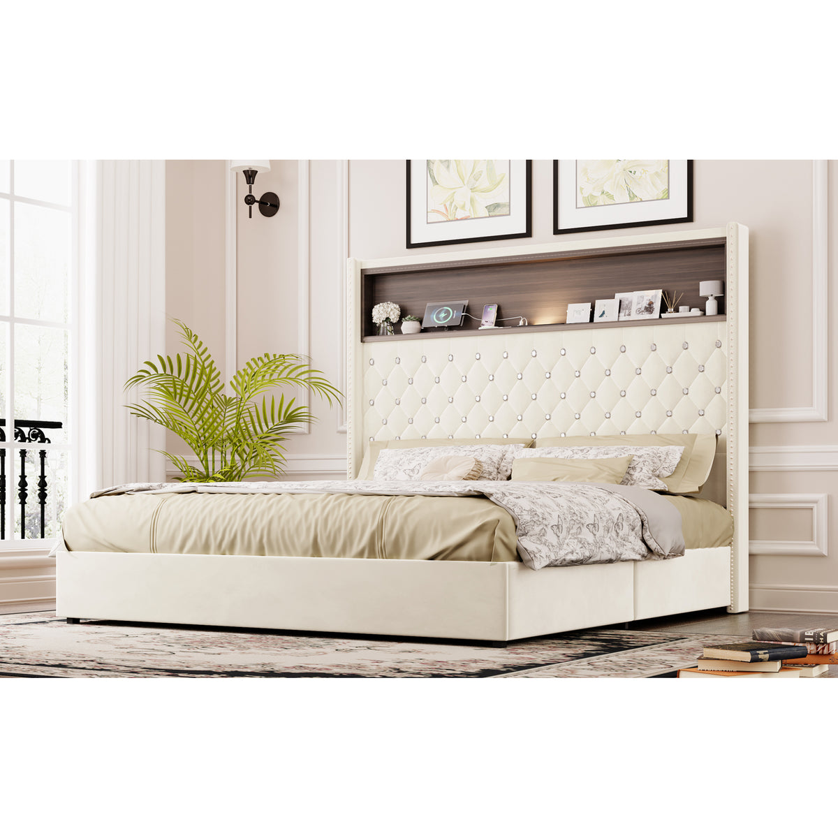 variant-group:rf-n733p367135a|Roomfitters Queen Velvet Tufted Platform Bed with Charging Ports, Tall Wingback Headboard with Rivet Trim and Shelf, Beige