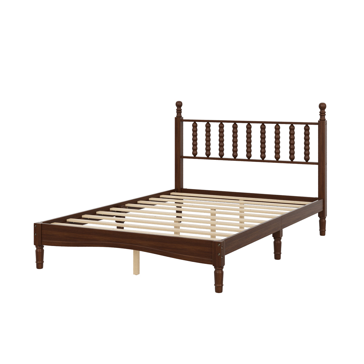 variant-group:rf-n733p338317d|Roomfitters Full Wood Platform Bed, Retro Gourd Spindle Headboard with Solid Slat Support, Walnut