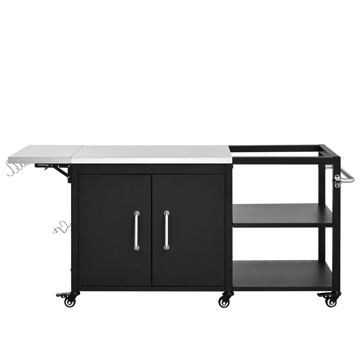 Roomfitters 76.6" Grill Cart with Stainless Steel Top and Kamado Nest, Folding Drop Leaf Prep Station, Mobile Cabinet, Black