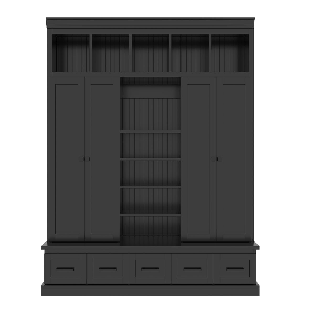 variant-group:rf-n724sj000139aab|Roomfitters 78.7" Hall Tree with Bench, 5 Cubbies, 4 Doors, 5 Drawers, Adjustable Shelves, Black