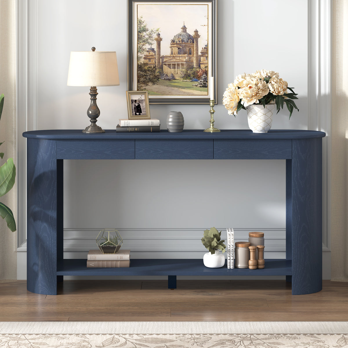 variant-group:rf-n711p395523c|Roomfitters Modern Farmhouse Navy Blue Oak Veneer Semi-Circular Console Table with 3 Drawers and Open Bottom Storage Shelf