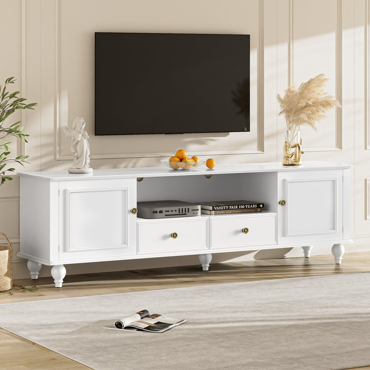 Roomfitters Modern TV Stand for up to 80 Inch TV, Entertainment Console with Drawers, Cabinets and Open Storage, White Roomfitters
