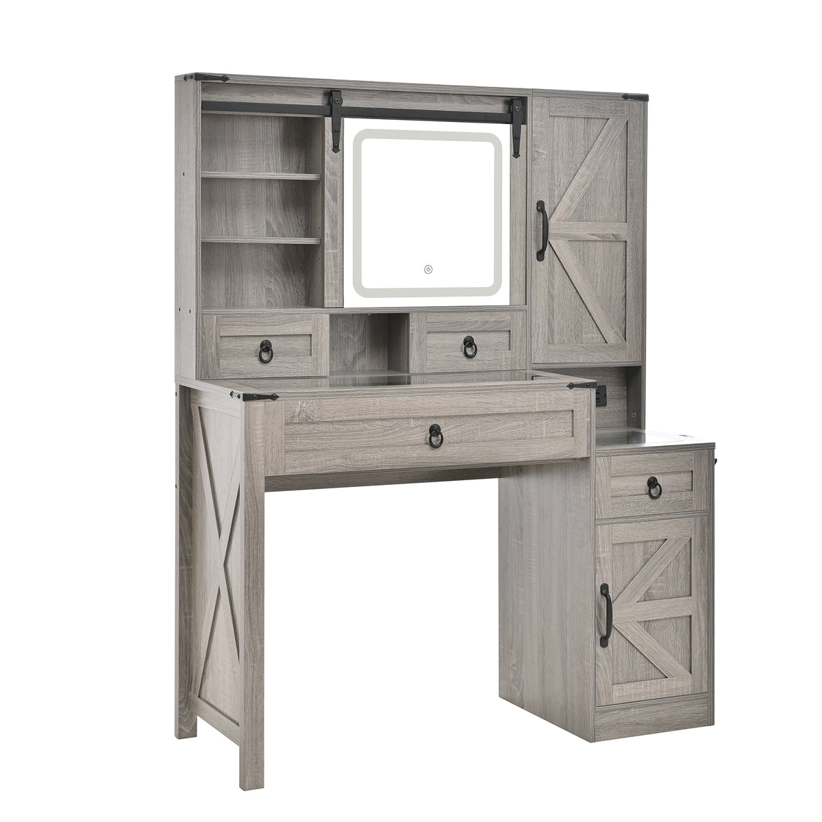 variant-group:rf-n733p340562g|Roomfitters Farmhouse Vanity Desk with Sliding Mirror & Lights, Glass Top, Charging Station, 4 Drawers, 2 Cabinets, Stool, Gray