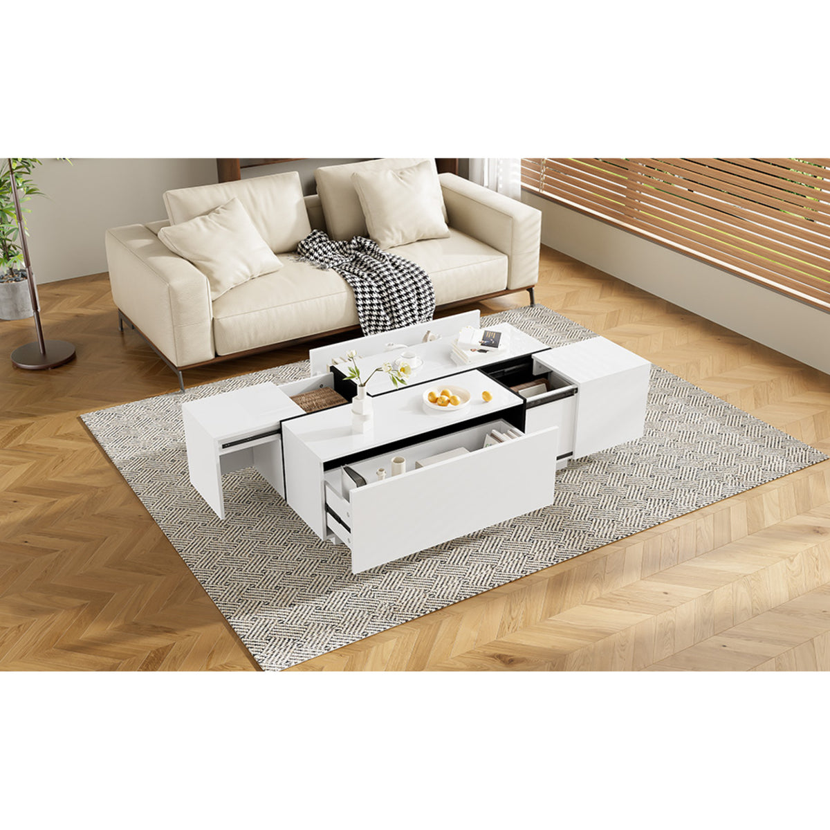 variant-group:rf-n724p292070k|Roomfitters Glossy Extendable Coffee Table with 2 Drawers and Hidden Storage Compartments, Multi-Functional Design, White
