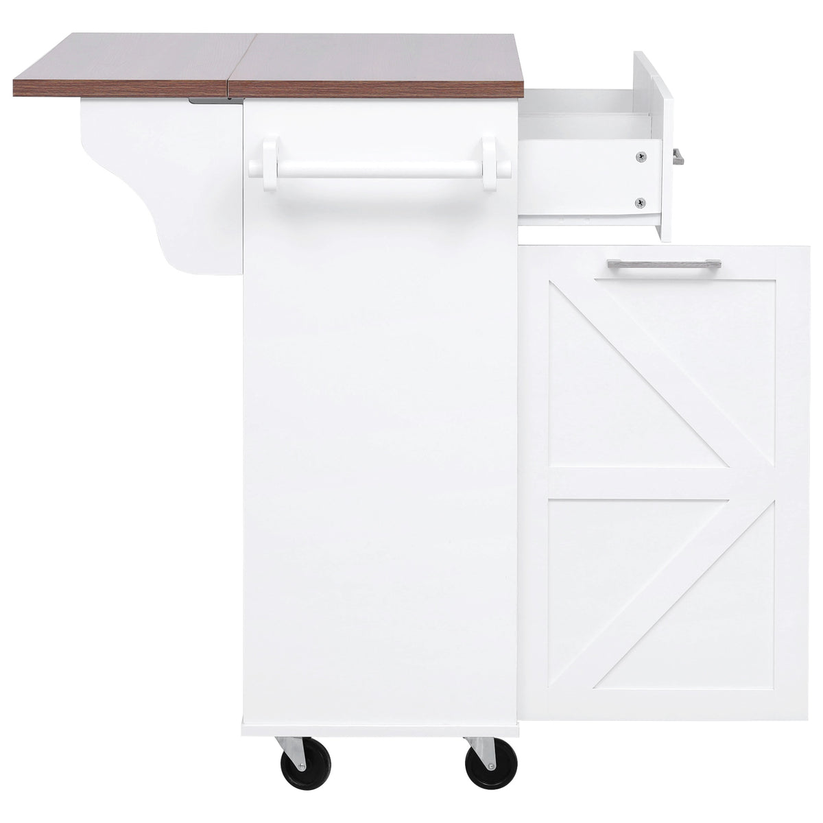 variant-group:rf-n707p307296w|Roomfitters 47.2" Farmhouse Kitchen Island with Drop Leaf, Tilt Trash Can Cabinet, Removable Mobile Side Racks, White