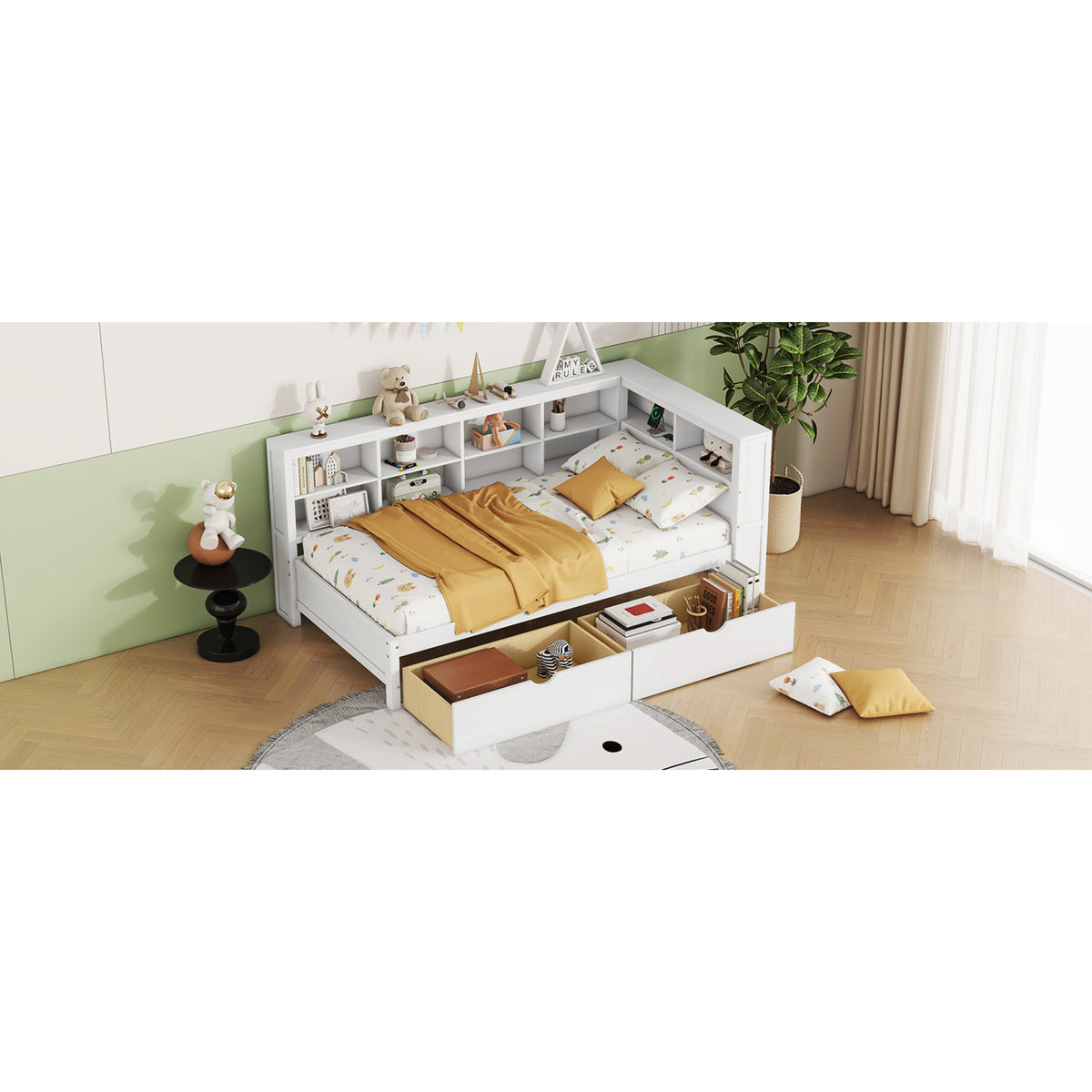 variant-group:rf-n733s347768k|Roomfitters Wooden Twin Daybed with Underbed Storage, Built-In Shelf & USB Charging Ports, White