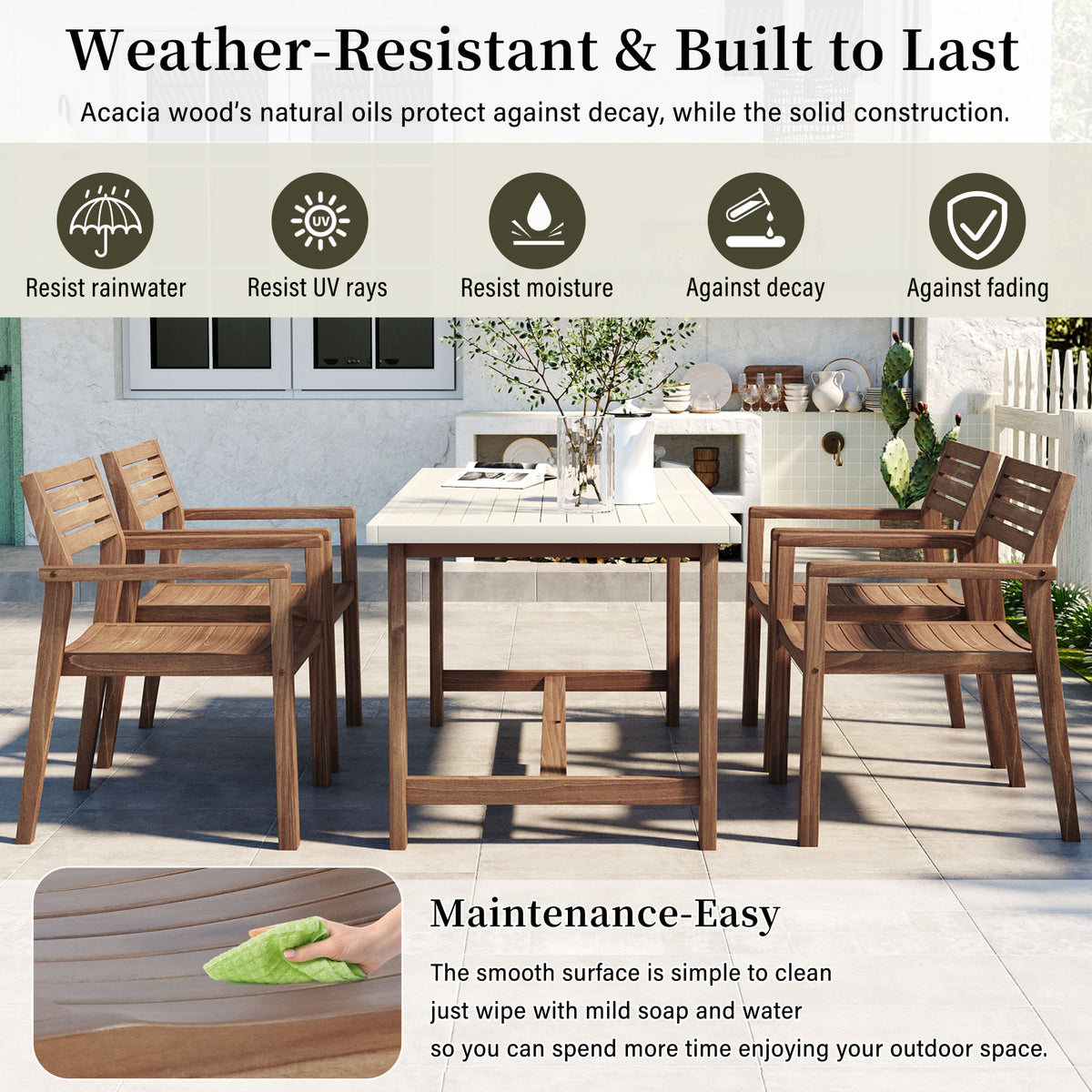 variant-group:rf-n711wy000477aad|Roomfitters Farmhouse 5-Piece Outdoor Dining Set for 4, 59-Inch Rectangular Table, Umbrella Hole, Light Grey Acacia
