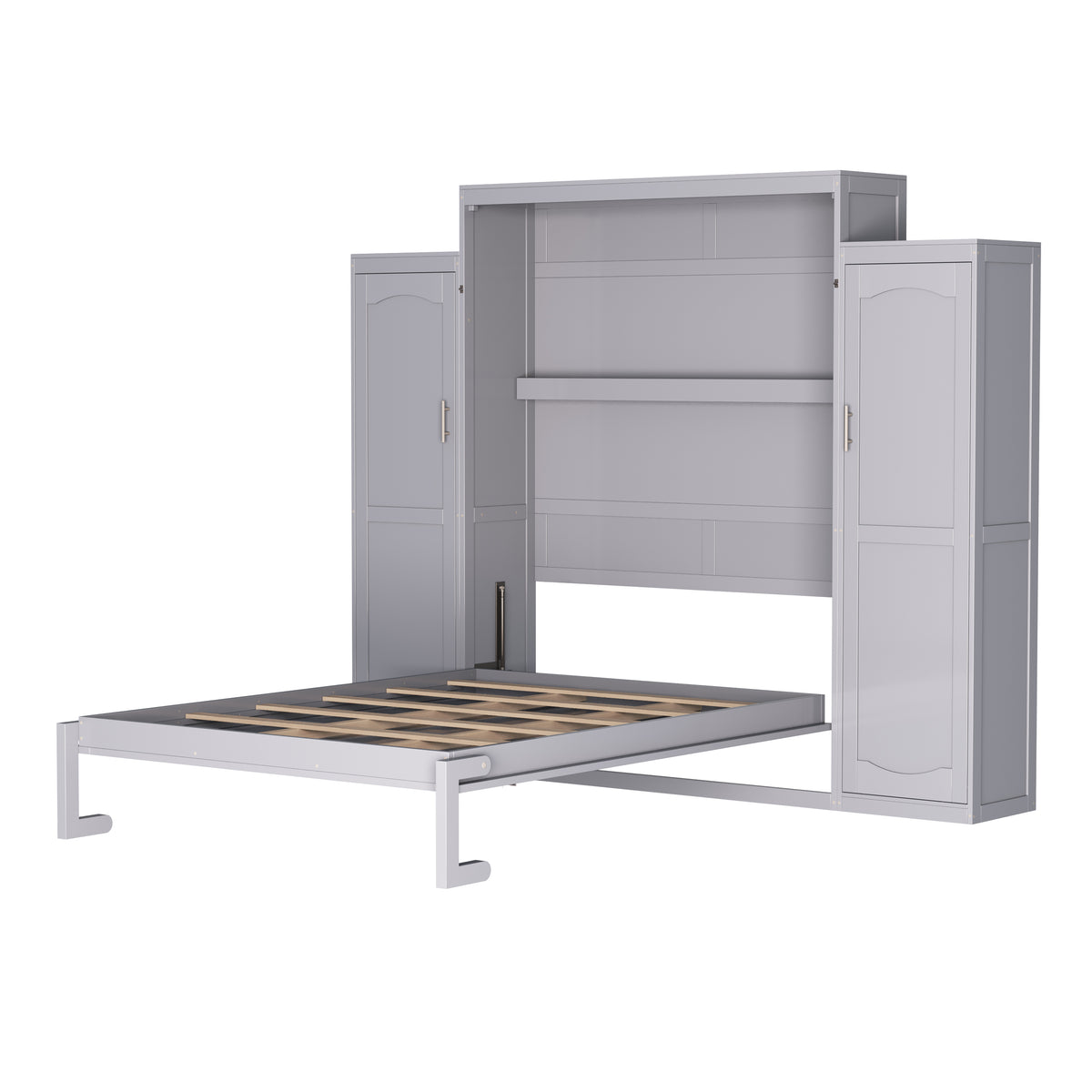 variant-group:rf-n733s235627e|Roomfitters Queen Murphy Wall Bed with Two Wardrobes and Storage Shelf, Foldable Platform Bed Frame for Guest Room, Gray