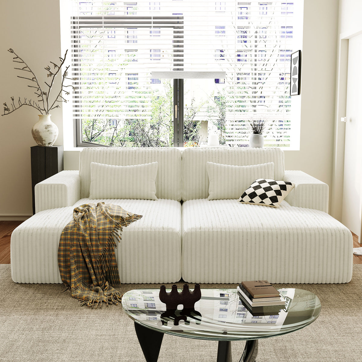 variant-group:rf-n711wy000449aak|Roomfitters Corduroy Double Sofa Bed with Pillows, Modern Convertible Couch for Living Room, Apartment, White