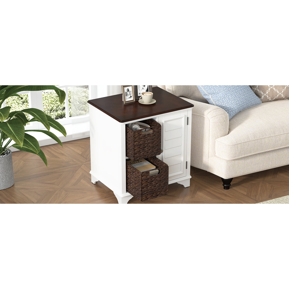 variant-group:rf-n724p401353k|Roomfitters American Style Louvered Side End Table with 2 Grass Storage Baskets, White