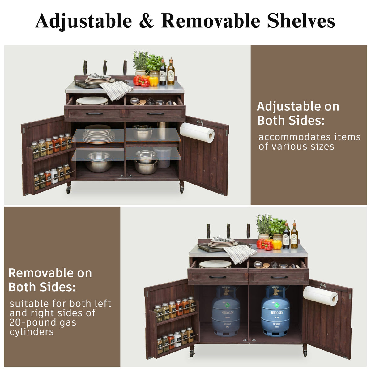variant-group:rf-n707p370273z|Roomfitters 39.4" Grill Cart, Outdoor Kitchen Island with Stainless Steel Top, BBQ Prep Station with Storage Cabinet, Brown