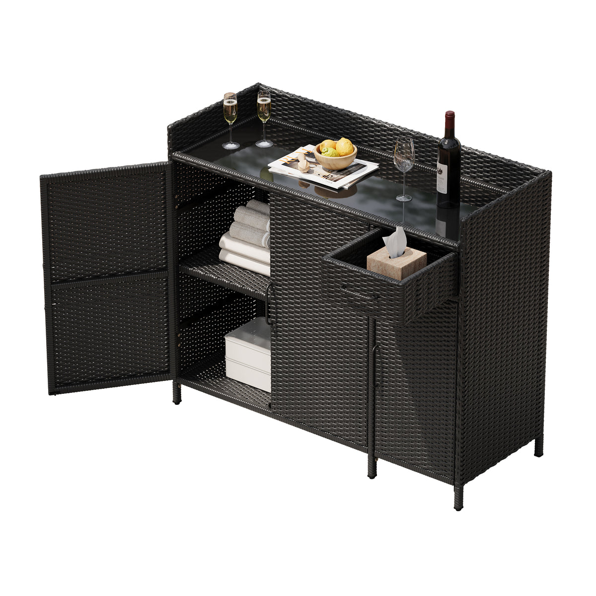 variant-group:rf-n707p233745b|Roomfitters 47.5" Wicker Outdoor Storage Cabinet, Rattan Bar Table with Glass Top, Adjustable Shelf, 3 Doors, Black Brown