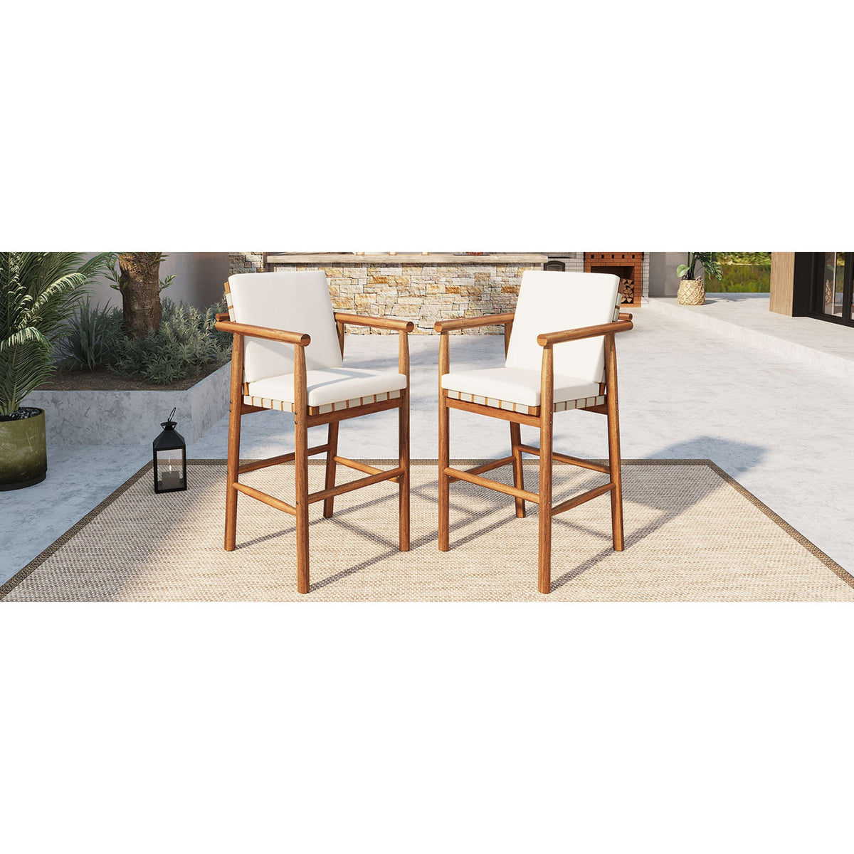 Roomfitters Set of 2 Outdoor Bar Stools with Beige Cushions, Natural Wood High Chairs for Patio Balcony Kitchen, Natural Roomfitters