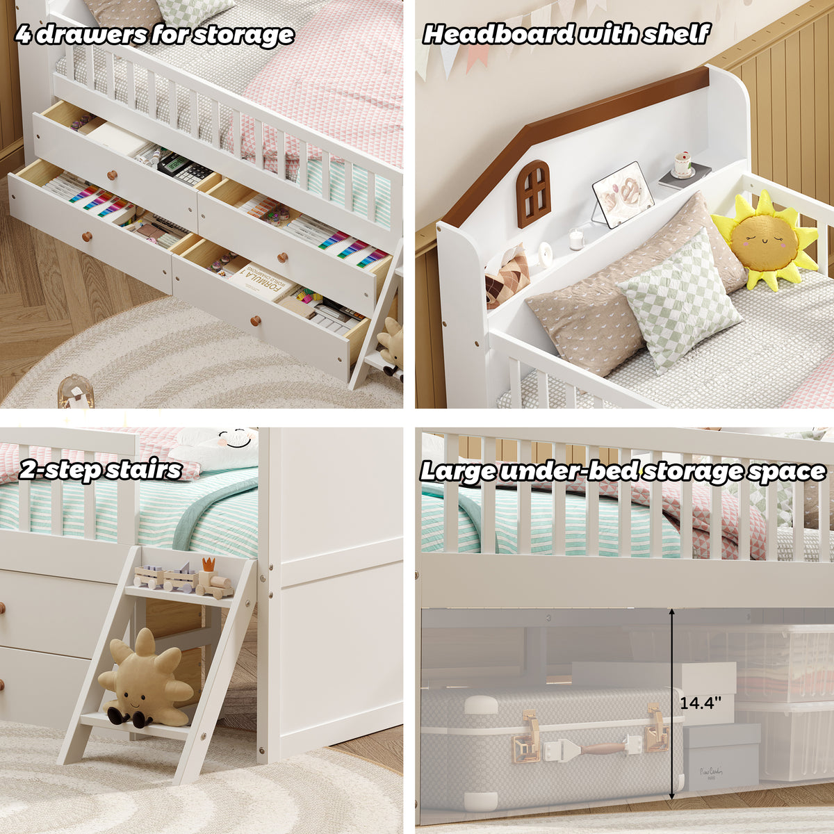 variant-group:rf-n733s278032k|Roomfitters Twin Platform Bed Frame with Four Drawers, Wooden Kids Bed with Guardrail Headboard and Ladder, White