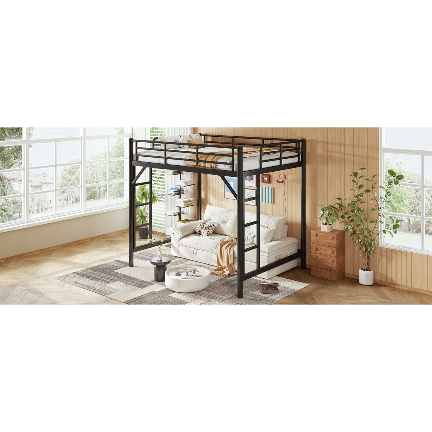 variant-group:rf-w1580p455015|Roomfitters Full Size Metal Loft Bed Frame with Guardrails, Heavy Duty Space Saving High Loft Bed Dual Ladders, Black