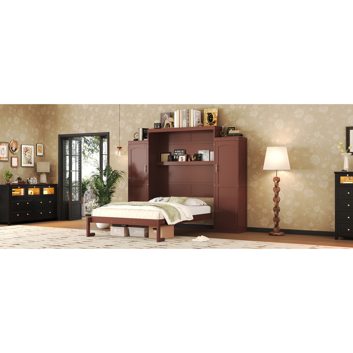 variant-group:rf-n733s235627d|Roomfitters Queen Murphy Wall Bed with Two Wardrobes and Storage Shelf, Foldable Platform Bed Frame for Guest Room, Walnut