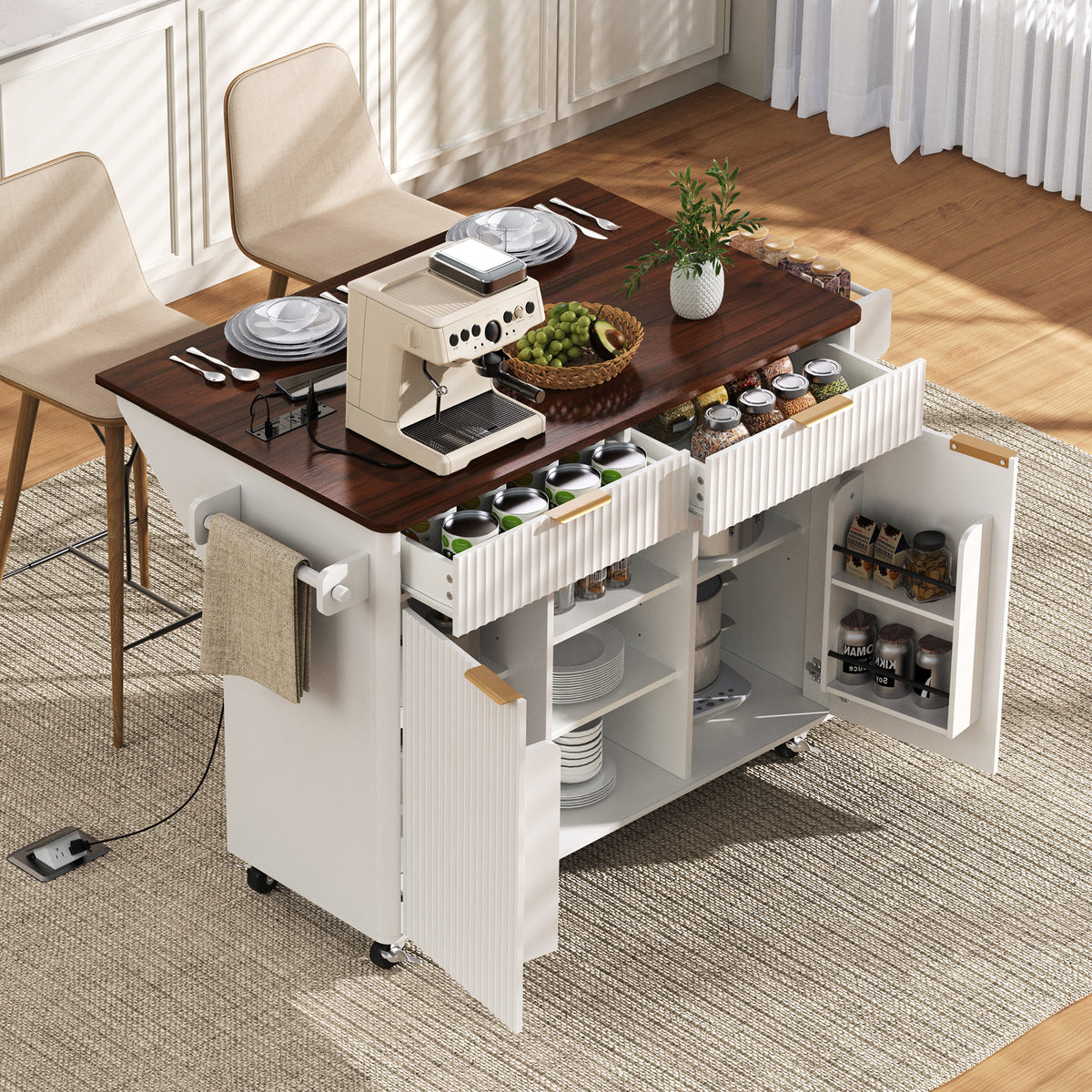 variant-group:rf-n707s000019w|Roomfitters 52" Fluted Kitchen Island with Drop Leaf, Power Outlet & Walnut Wood-Grain Top, White