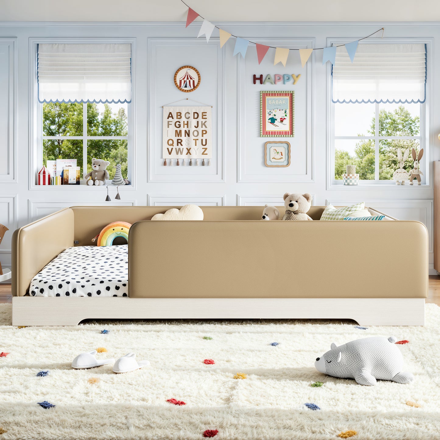 variant-group:rf-w1580s00672|Roomfitters Queen Size Upholstered Floor Bed Frame with Removable Guardrails, Faux Leather Low Profile Platform, Brown