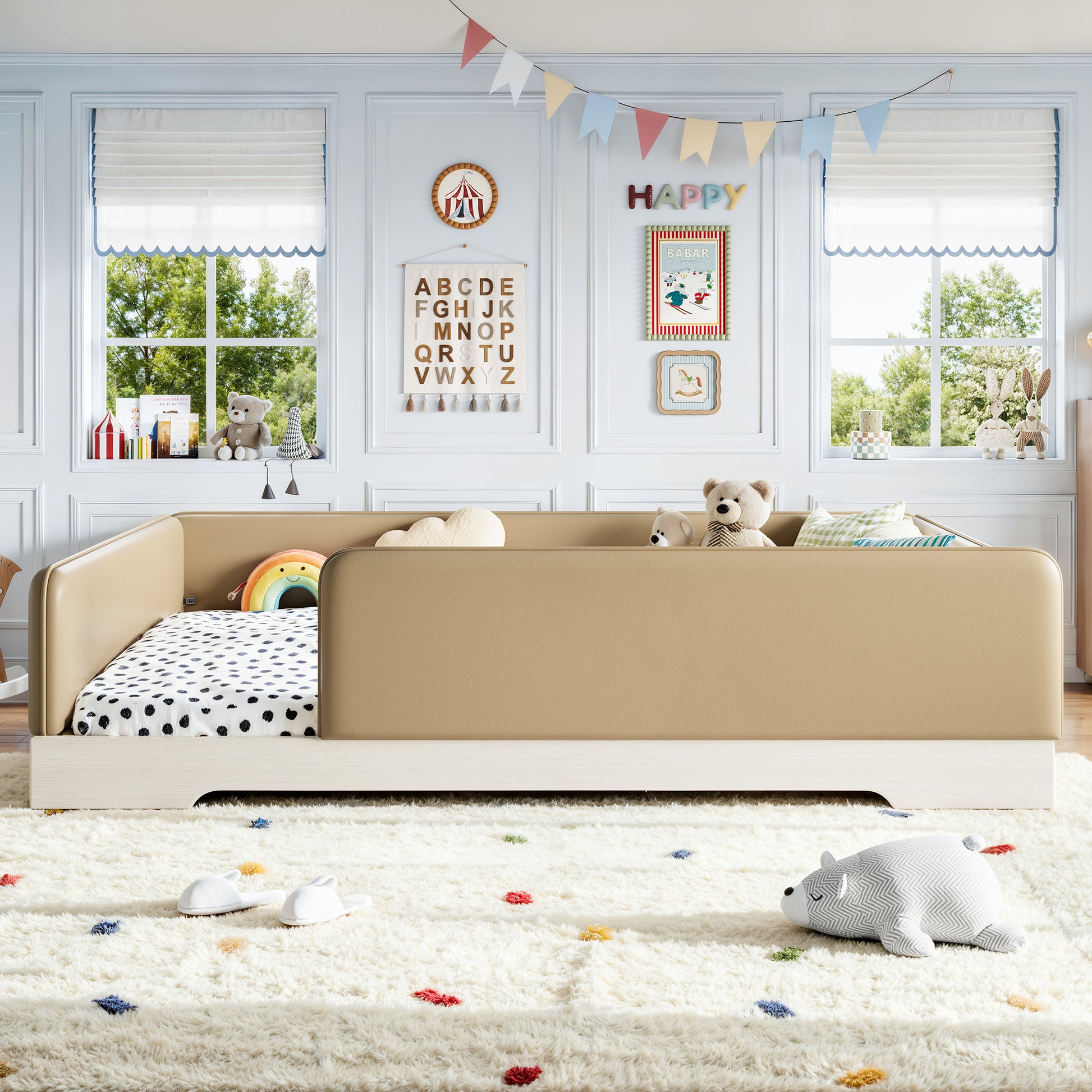 variant-group:rf-w1580s00672|Roomfitters Queen Size Upholstered Floor Bed Frame with Removable Guardrails, Faux Leather Low Profile Platform, Brown