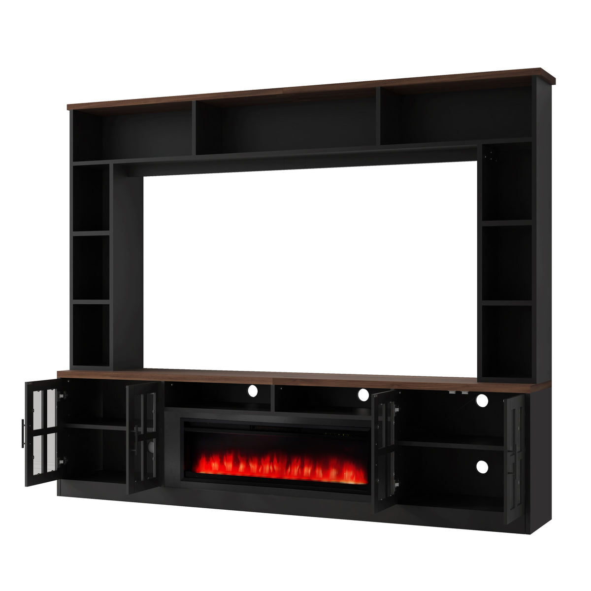variant-group:rf-n724sj000159aab|Roomfitters 95.5"W Large Wall Unit Entertainment Center, 39" LED Fireplace, Black & Brown