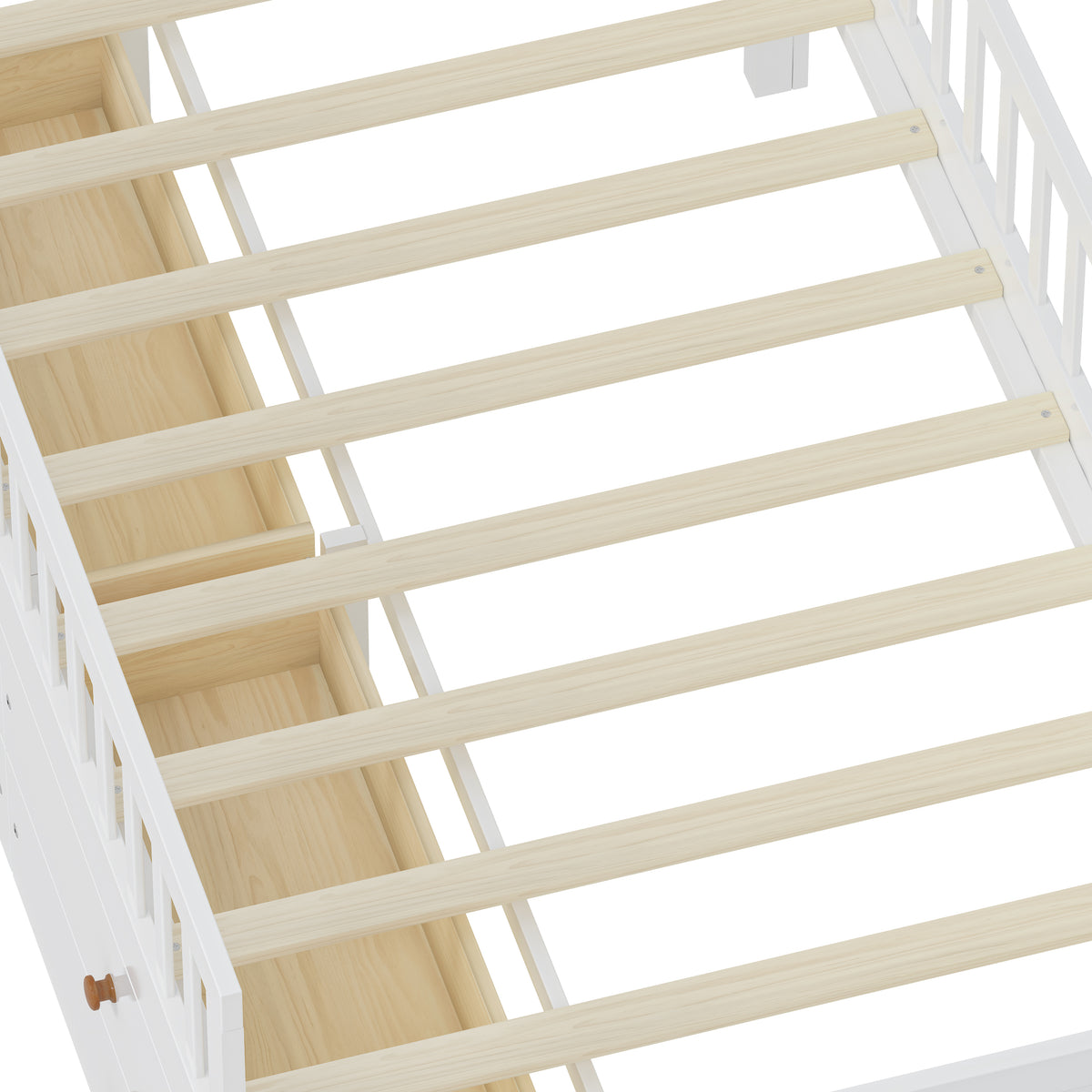 variant-group:rf-n733s278032k|Roomfitters Twin Platform Bed Frame with Four Drawers, Wooden Kids Bed with Guardrail Headboard and Ladder, White