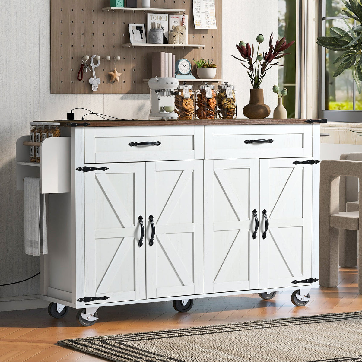 Roomfitters 53.5" Kitchen Island with Power Outlet and Drop Leaf, Rolling Storage Cabinet with Spice Rack, Modern Style, White