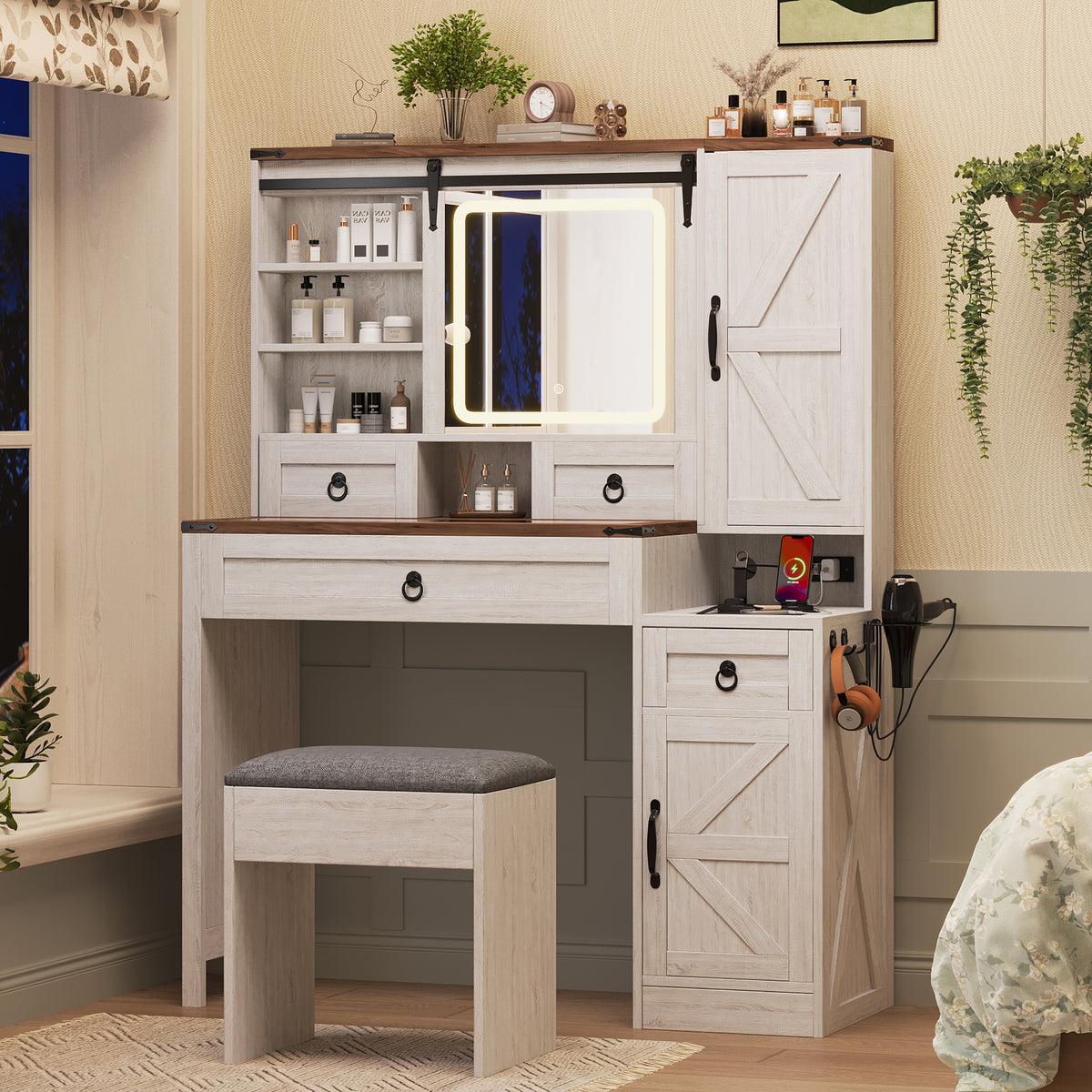 variant-group:rf-n733p340562k|Roomfitters Farmhouse Vanity Desk with Sliding Mirror & Lights, Glass Top, Charging Station, 4 Drawers, 2 Cabinets, Stool, White