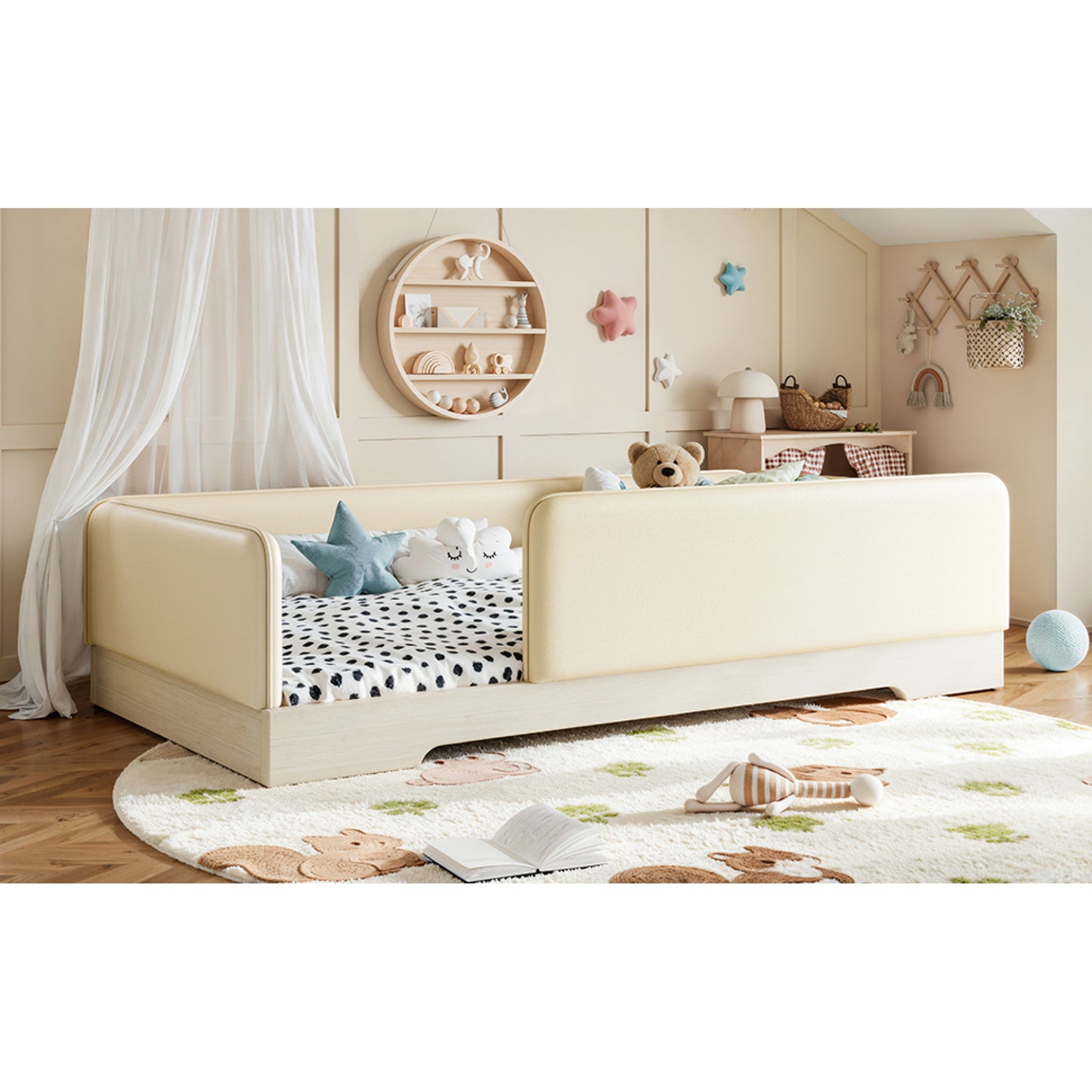 variant-group:rf-w1580p493129|Roomfitters Twin Size Upholstered Floor Bed Frame with Removable Guardrails, Faux Leather Low Profile Platform, Beige