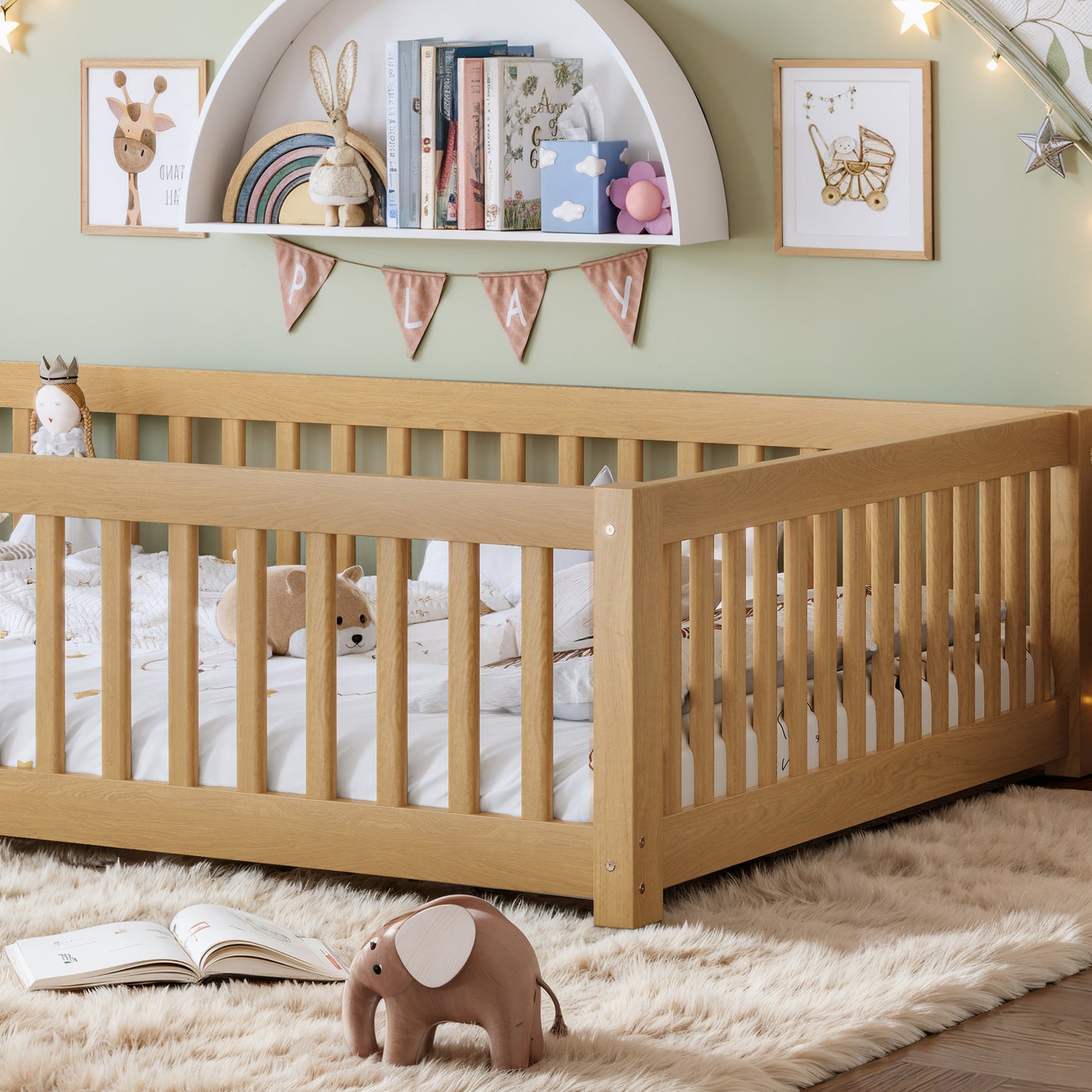 variant-group:rf-w1580p462325|Roomfitters Queen Size Wooden Floor Bed Frame with Safety Guardrails Door, Solid Wood Low Profile Toddler Play Bed, Natural