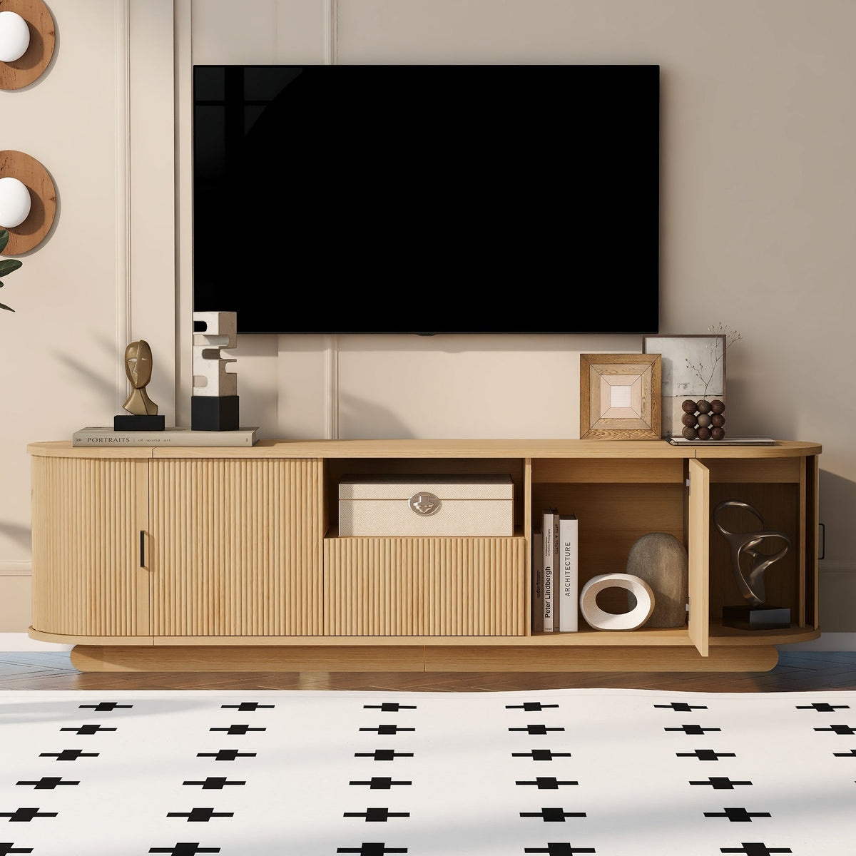 Roomfitters American Style TV Stand Console with Hidden Sliding Doors, Acacia Wood Roomfitters