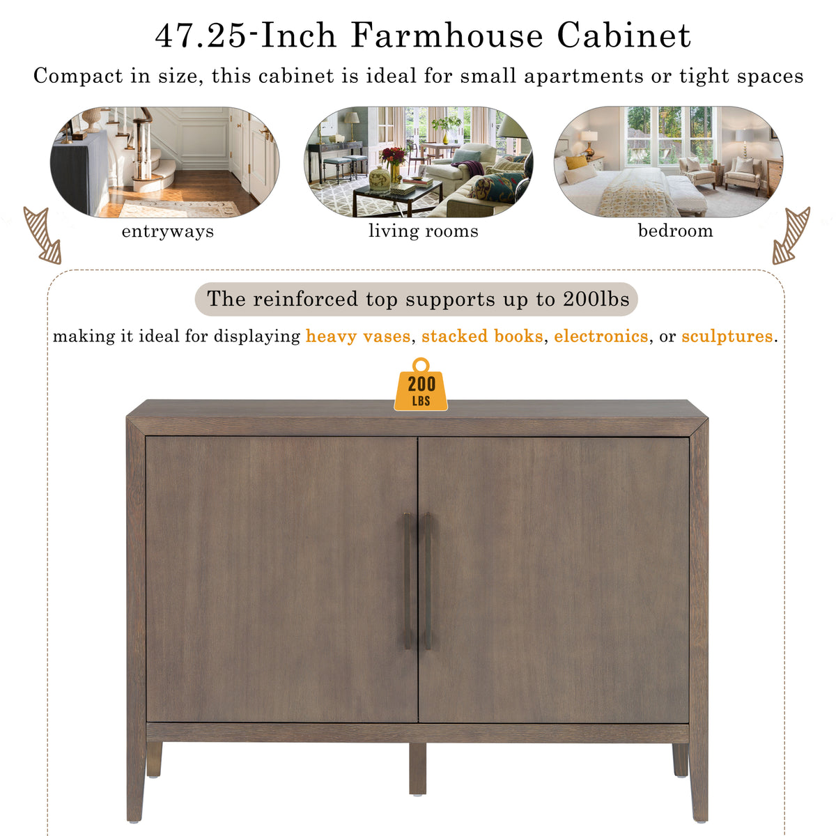 variant-group:rf-n711p410389d|Roomfitters 47.25-Inch Farmhouse Sideboard, 2-Door Buffet Cabinet, Medium Brown Wooden Storage Console, Metal Handles