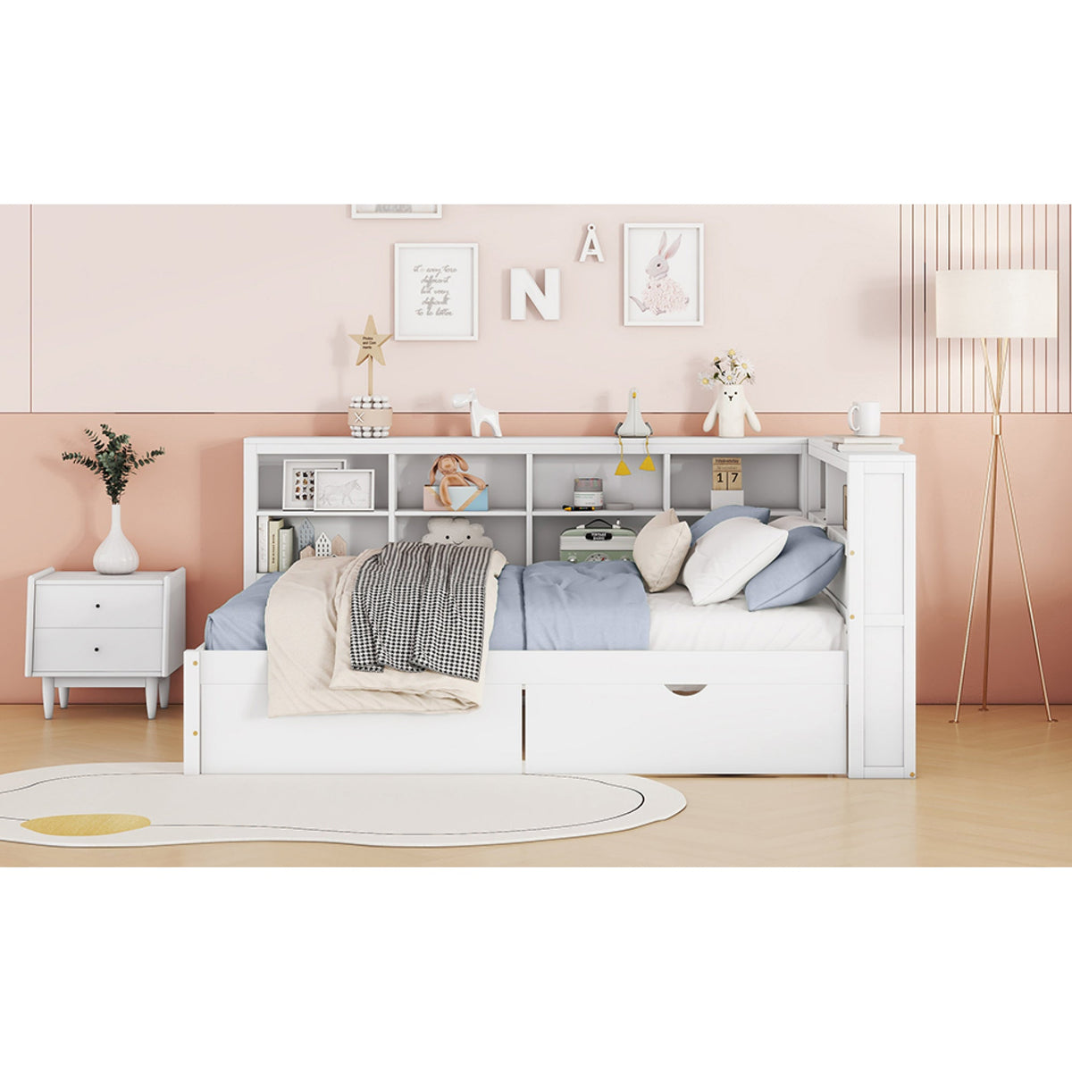 Roomfitters Wooden Full Daybed with Underbed Storage, Built-In Shelf & USB Charging Ports, White