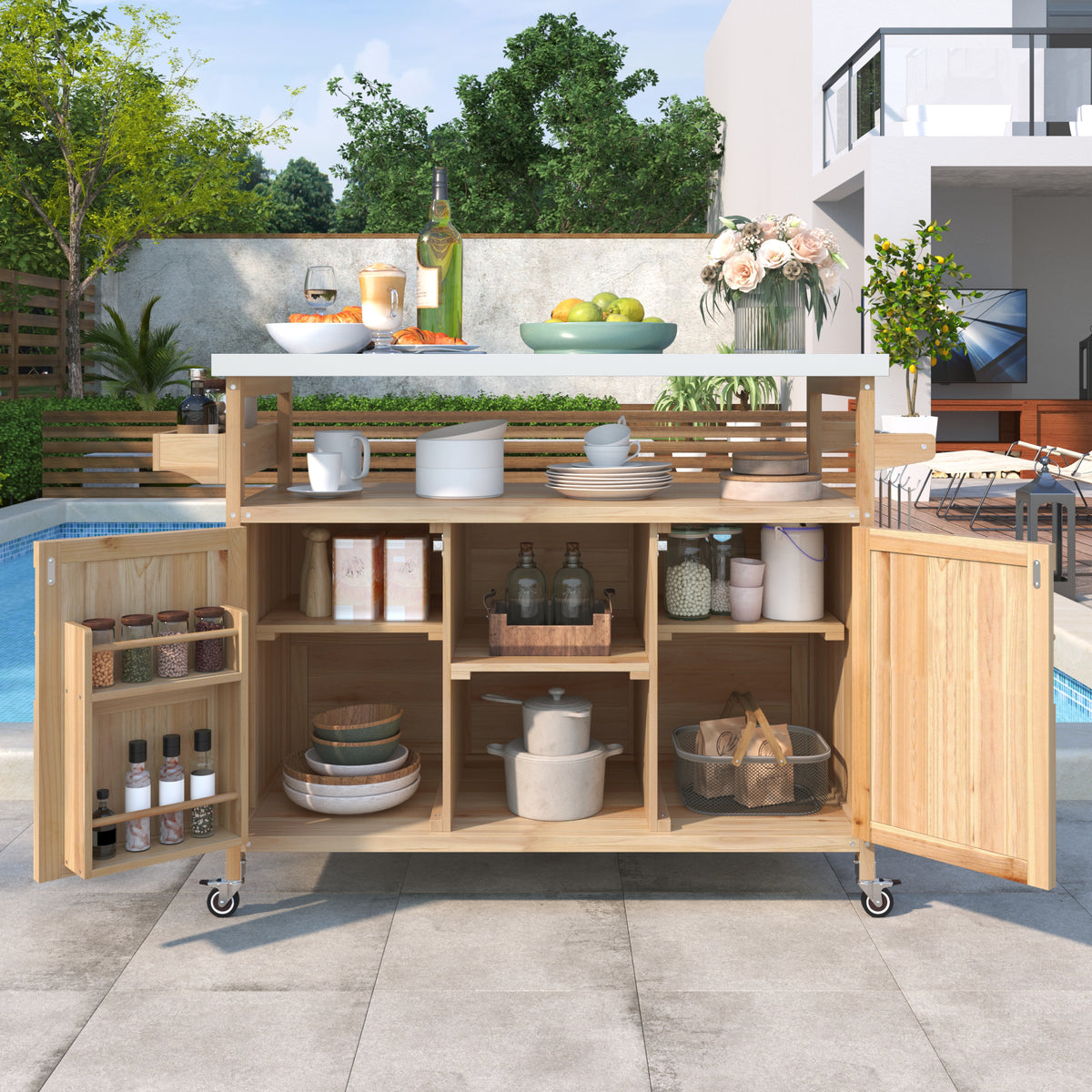variant-group:rf-n707wf532198aay|Roomfitters Outdoor Kitchen Island Rolling Bar Cart & Storage Cabinet, Farmhouse Solid Wood Outdoor Grill Table with Stainless Steel Top, Spice Rack, Towel Rack for Kitchen & Barbecue, Natural