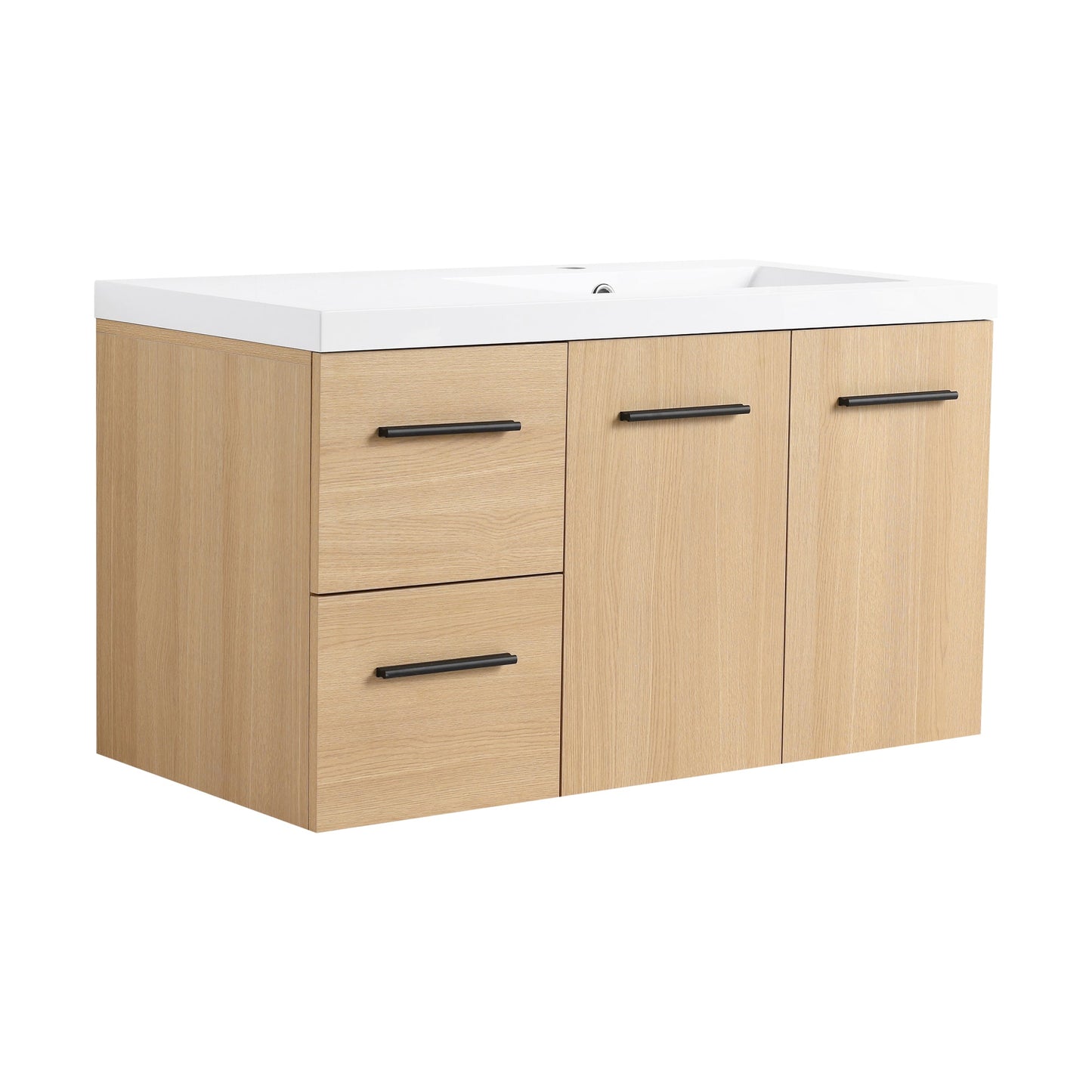 36" Wall-Mounted Floating Bathroom Vanity with Sink, Light Oak, 2-Door & 2-Drawer Modular Cabinet, Gel Coat Sink Top, 3 Boxes Roomfitters