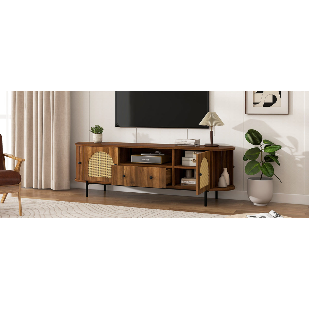 variant-group:rf-n724p437189m|Roomfitters American Style TV Stand with Rattan Arched Doors, Steel Legs, Antique Brown