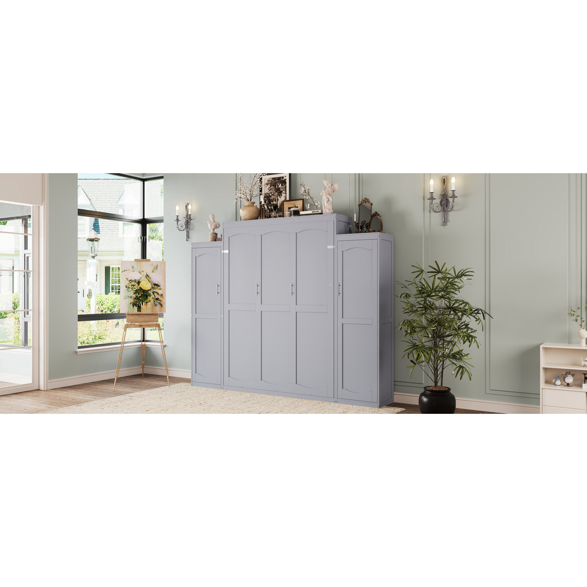 variant-group:rf-n733s235627e|Roomfitters Queen Murphy Wall Bed with Two Wardrobes and Storage Shelf, Foldable Platform Bed Frame for Guest Room, Gray