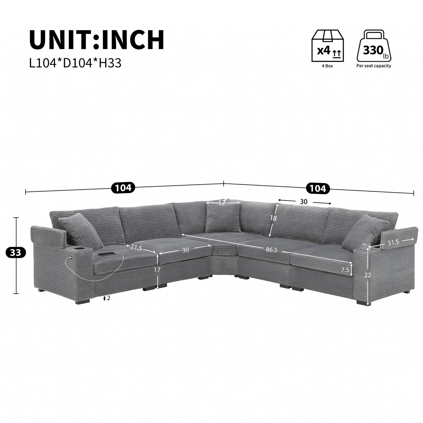 variant-group:rf-n723s1187e|Roomfitters 104 Inch Modern L-Shaped Sectional Sofa with Cup Holders, Comfortable Corduroy Upholstered Corner Couch, Gray