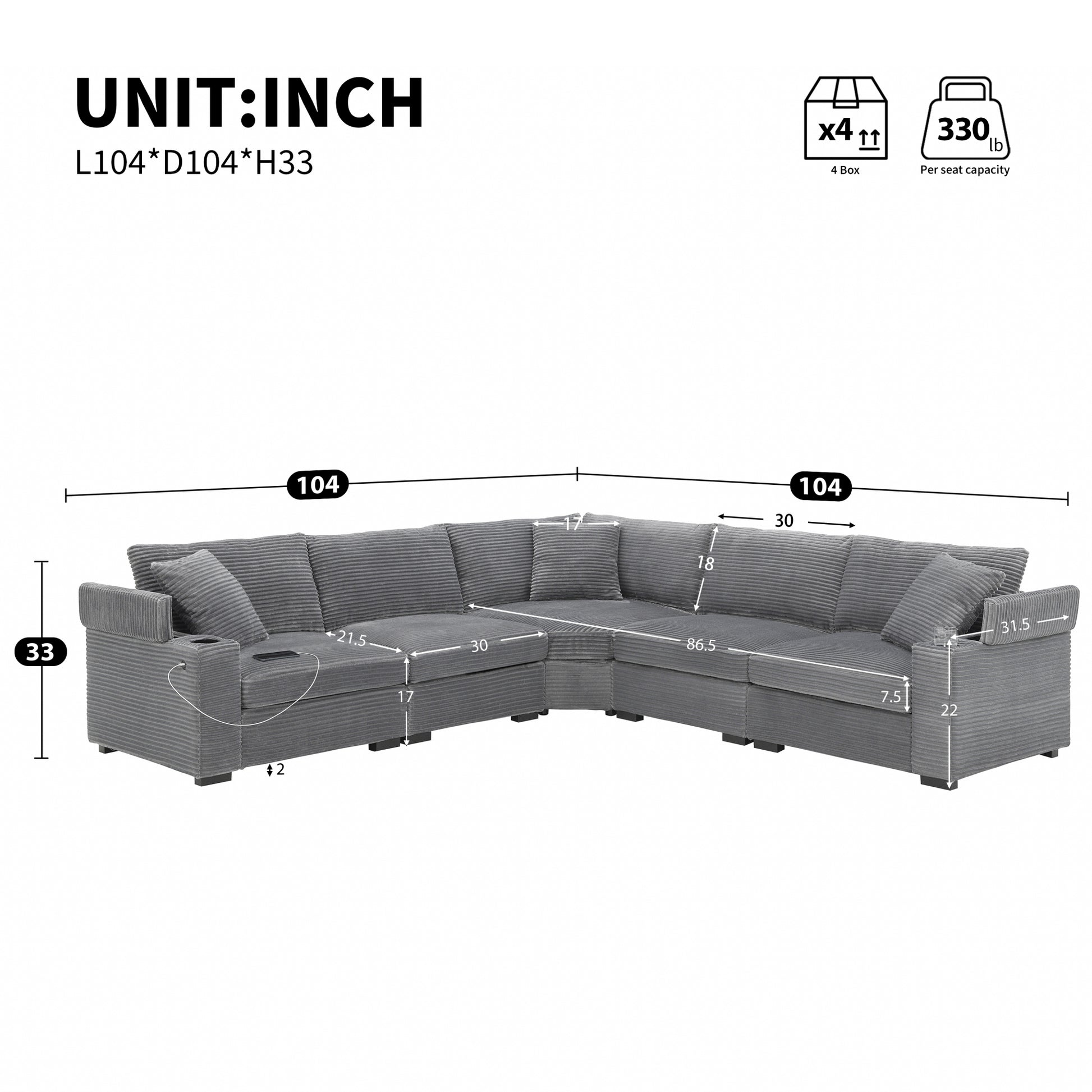 variant-group:rf-n723s1187e|Roomfitters 104 Inch Modern L-Shaped Sectional Sofa with Cup Holders, Comfortable Corduroy Upholstered Corner Couch, Gray